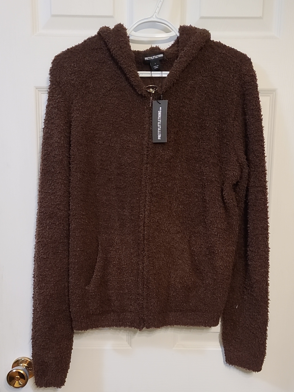 NWT PrettyLittleThing Chocolate Espresso Fuzzy Knit Zip Hoodie Plush Bouclé Knit